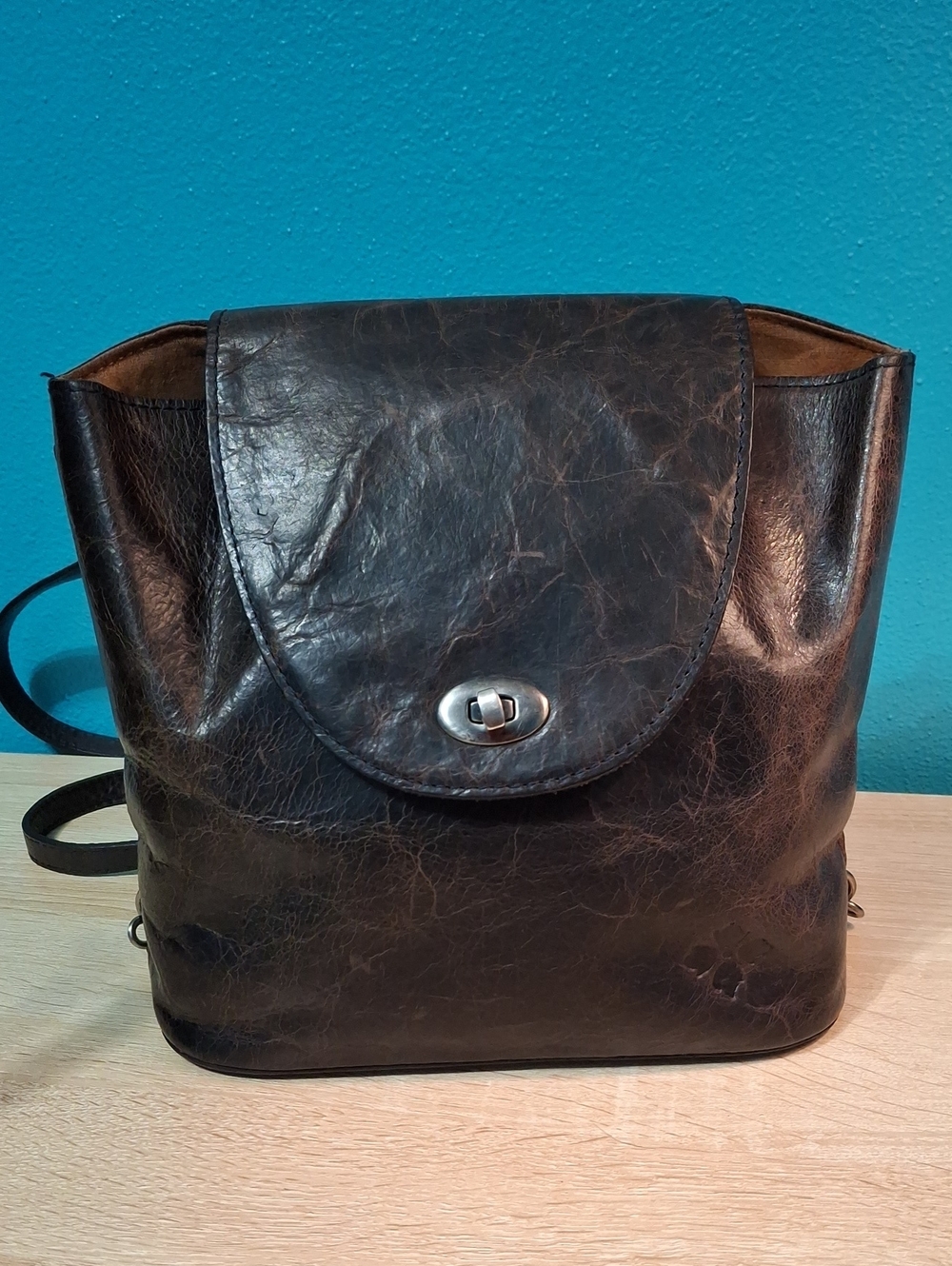 Patricia Nash Bellissimi Distressed Dark Brown Leather Turn-Lock Convertible Bag